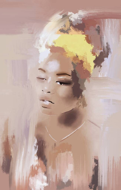 髪にターバンのついた黒人アフリカ人女性。黒人女性を描く。アートアフロガール - 写真・画像