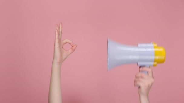 Close up of female hands holding megaphone and confident doing ok gesture, gives approval or recommendation, likes idea, isolated on pink background with copy space for advertisement. Success concept - Materiaali, video