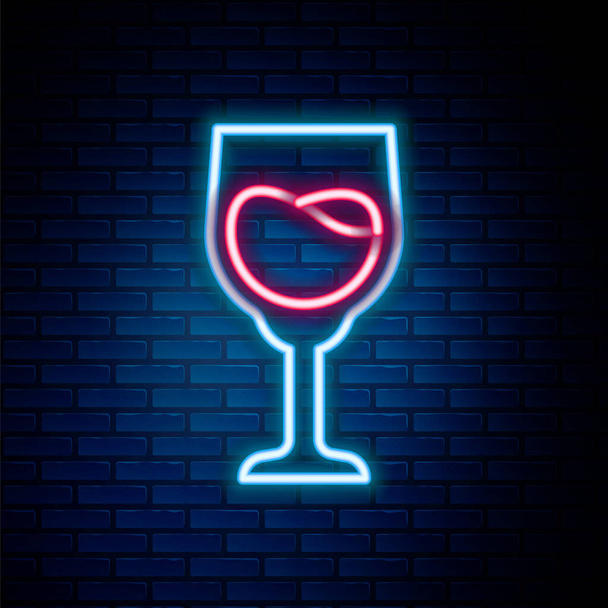 Parlayan neon çizgisi. Tuğla duvar arka planında izole edilmiş şarap cam ikonu. Şarap kadehi işareti. Renkli taslak konsepti. Vektör - Vektör, Görsel
