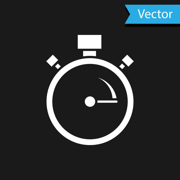 Weißes Stoppuhr-Symbol isoliert auf schwarzem Hintergrund. Zeitzeichen. Chronometerzeichen. Vektor. - Vektor, Bild