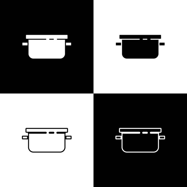 黒と白の背景に隔離された調理ポットアイコンを設定します。沸騰またはシチュー食品のシンボル。ベクトル. - ベクター画像