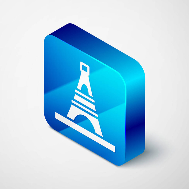 Isométrique icône de la tour Eiffel isolé sur fond gris. Symbole emblématique France Paris. Bouton carré bleu. Vecteur. - Vecteur, image