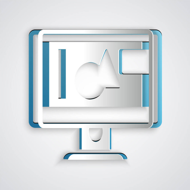 Carta tagliata icona dello schermo del monitor del computer isolato su sfondo grigio. Dispositivo elettronico. Vista frontale. Stile cartaceo. Vettore. - Vettoriali, immagini
