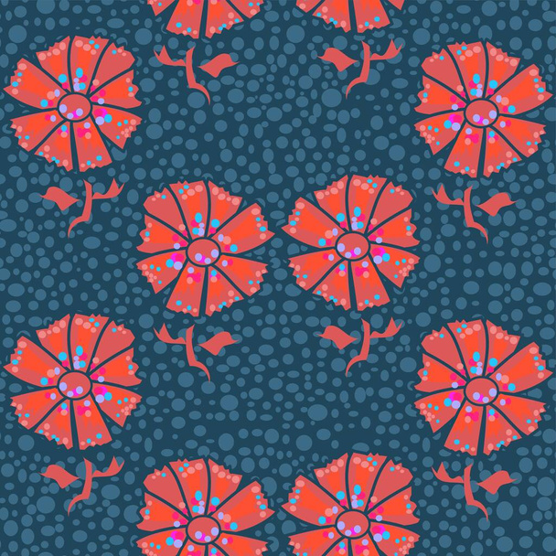 鮮やかな赤の花ベクトル繰り返しパターンとともに装飾的なポルカドット上の鮮やかな青点線の背景 - ベクター画像