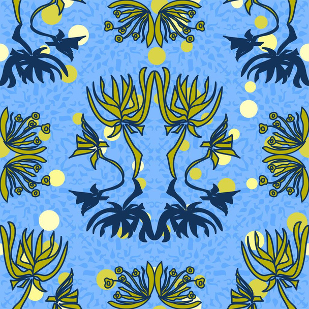 Fényes, vidám, vektor ismétlődő minta hawaii ing stílusban arany sárga és árnyalatú kék polka pont dekoráció és texturált háttér - Vektor, kép