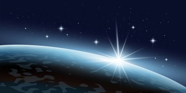 Vector space horizontal illustration of blue planet with star light on dark color background - Vector, Image
