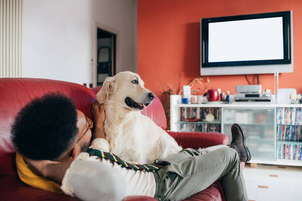 Νέοι μαύροι στο εσωτερικό του σπιτιού χαλάρωση με το σκυλί βλέποντας τηλεόραση - Φωτογραφία, εικόνα