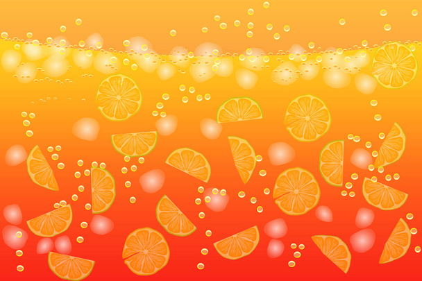 レモンスライスと氷のキューブで水をリフレッシュ.柑橘類のレモネードの背景。液体パターンを飲む。泡と飲料中の新鮮な石灰スライス.シトロン酒のパターン。ジュースやモヒートパッケージ印刷。ストックベクトルイラスト - ベクター画像