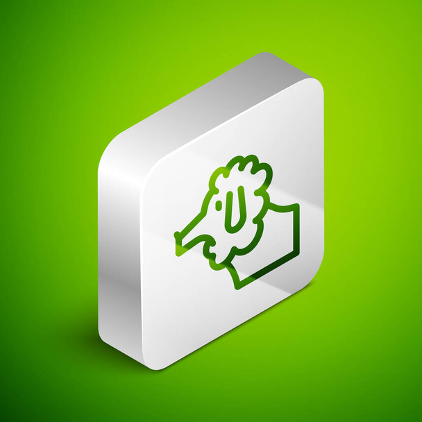 Ізометрична лінія французького ікону-пуделя ізольована на зеленому тлі. Срібна квадратна кнопка. Вектор. - Вектор, зображення