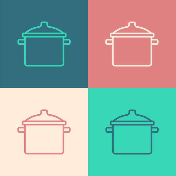 Pop-Art-Linie Kochtopf-Symbol isoliert auf farbigem Hintergrund. Kochen oder schmoren Lebensmittel Symbol. Vektor - Vektor, Bild