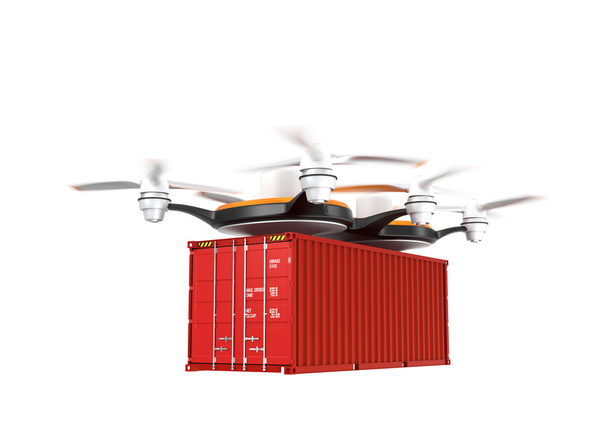 Air Drone transportando contenedores de carga sobre fondo blanco
 - Foto, Imagen