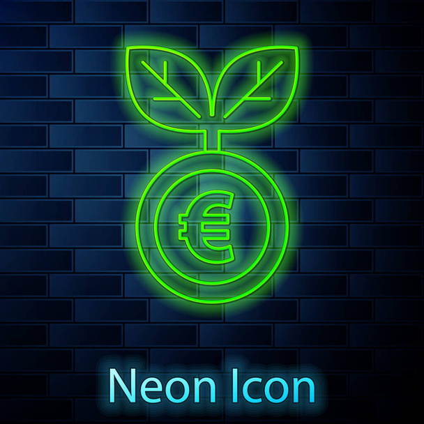 Zářící neonová čára Euro rostlina ikona izolované na pozadí cihlové zdi. Koncept růstu obchodních investic. Úspory peněz a investice. Vektor - Vektor, obrázek