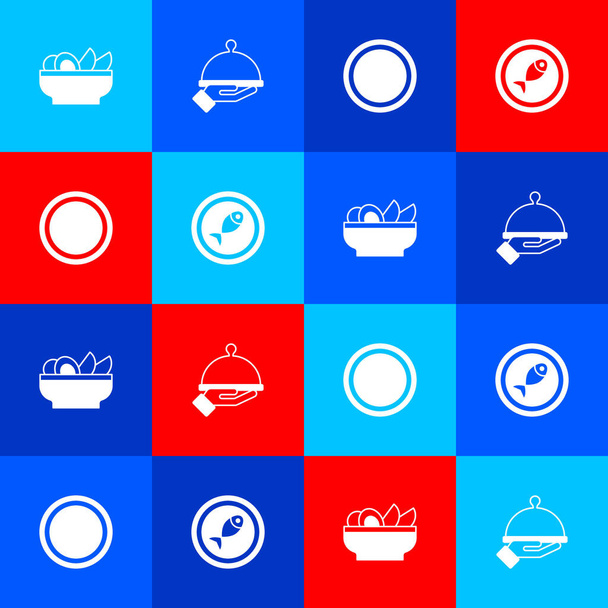 Set Nachos in Teller, bedeckt mit Tablett mit Lebensmitteln, Teller und serviert Fisch auf Symbol. Vektor - Vektor, Bild