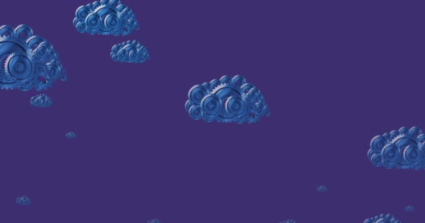 Animation of blue clouds formed with cogs moving on purple background. global technology, network of connections and digital interface concept digitally generated video. - Materiał filmowy, wideo