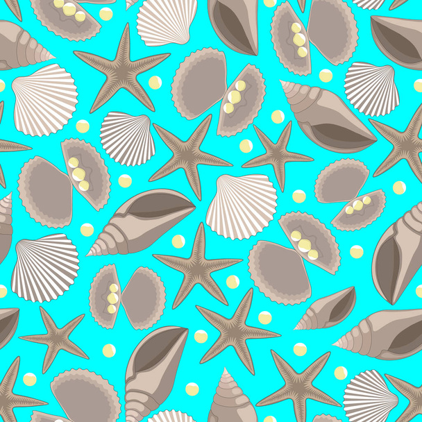 Seashells, pearls, starfish, pearls in the shell, blue background. Seamless pattern, vector. - Vector, Image