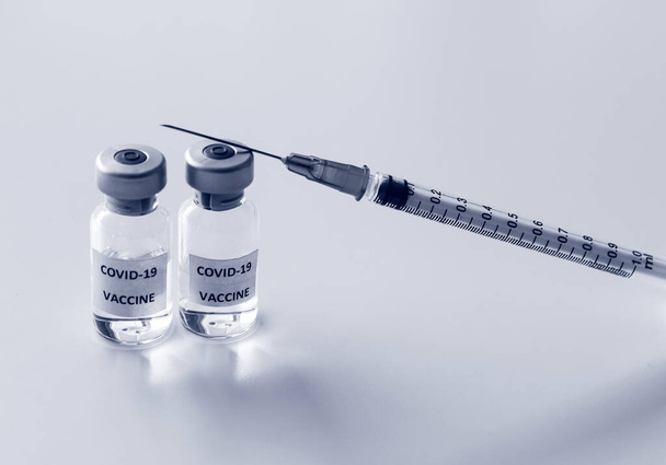 Vial de vacuna Covid-19 y jeringa de plástico de 1 ml con aguja aislada sobre fondo blanco - Foto, imagen