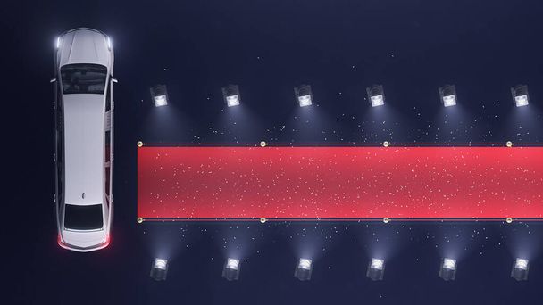 3d vykreslení červený koberec s limuzínou a objem světlé horní pohledy a konfety - Fotografie, Obrázek