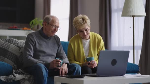 důchodci komunikují prostřednictvím internetu s přáteli a rodinou, pomocí notebooku s videohovory, posezení v bytě - Záběry, video
