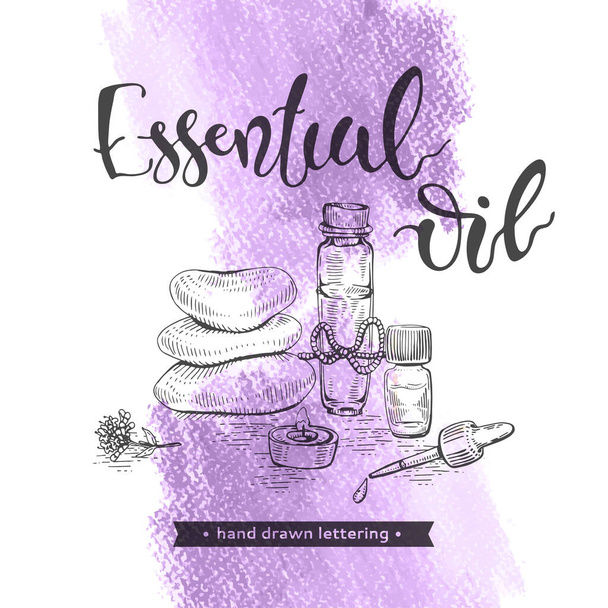 Accessoires aromathérapie et lettrage huile essentielle. - Vecteur, image