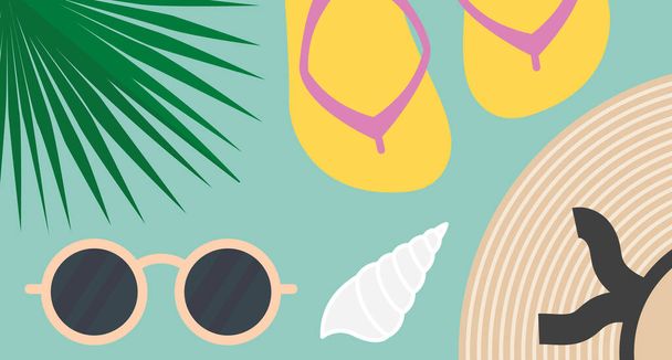 nyári összetétel, pálmalevél, szalmakalap, napszemüveg, papucs és tengeri kagyló illusztráció - Vektor, kép