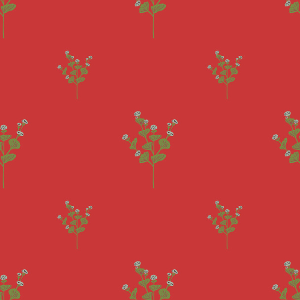 Minimalistic seamless pattern with green hand drawn wildflowers print. Red background. Graphic design for wrapping paper and fabric textures. Vector Illustration. - Vector, Image