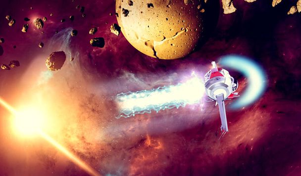 Spaceship traveling between exoplanets of other galaxies, asteroids and meteorites around a planet. Nebulae and stars in space. Conquest and discovery of new worlds, technology. Sci-fi. 3d render - Photo, Image
