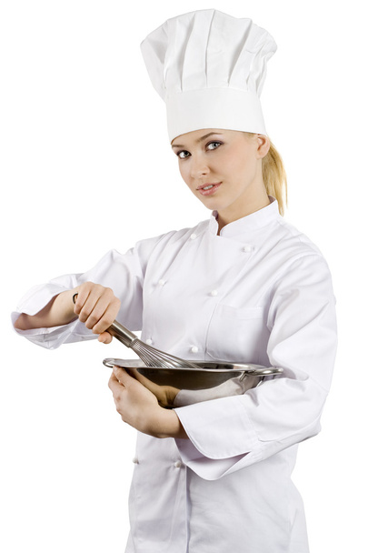 young graceful woman dressed as a cook with cap over white backgound - Фото, изображение