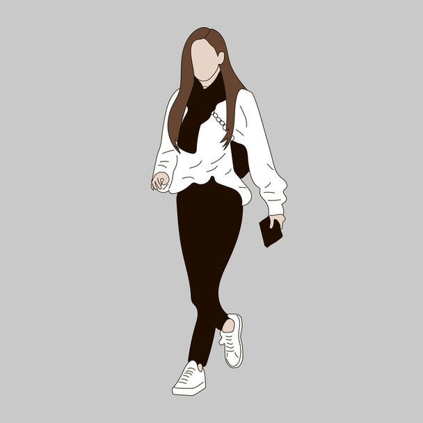 Vector illustration of Kpop street fashion. Street idols of Koreans. K pop female fashion idol. A girl in a white jacket and black jeans and white sneakers. - Vector, imagen