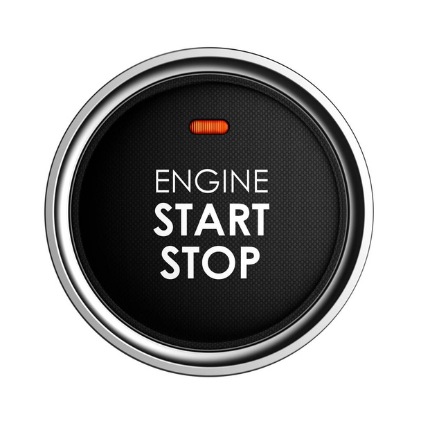 エンジン停止ボタン。車のダッシュボード要素。高級車はエンジンの始動に使われる新技術である。黒のボタンは、碑文でエンジンを開始するには、停止します。3Dイラスト. - 写真・画像