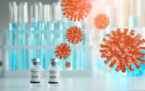 Вакцина коронавирусной болезни COVID 19, исследование коронного вируса. использование для профилактики, иммунизации сохранить жизненно важные системы органов функционирования и лечения от коронной инфекции вирусной медицины. Вирус 3D - Фото, изображение