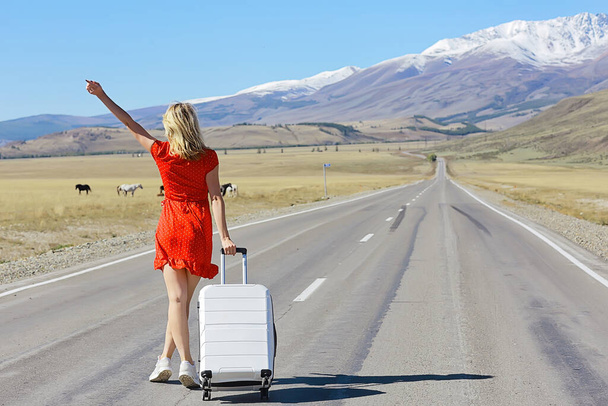 female concept hitchhiking dress luggage, woman travel tourist - Fotó, kép