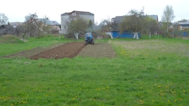 Blauwe oude trekker verbouwt grond voor het planten van gewassen. De grond ploegen met een ploeg in het dorp. Een plantage op het platteland. - Video