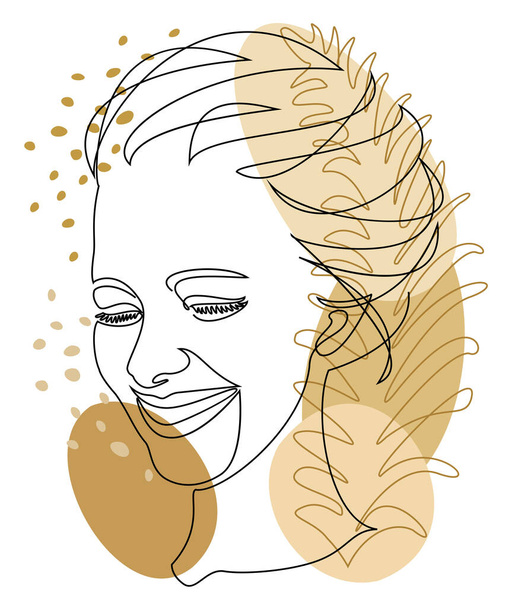 Силуэты головы девушки, женское лицо и лист растения в современном однолинейном стиле. Женщина смеется. Твердая линия, контур для декора, плакаты, наклейки, логотип. Векторная иллюстрация. - Фото, изображение