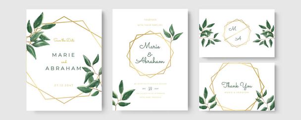Wedding invitation template set with foliage line art. Botanical leaves hand-drawn. Floral poster, invite. Vector decorative greeting card or invitation design background - Vector, Image