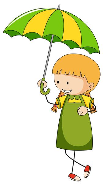 Linda chica sosteniendo paraguas doodle personaje de dibujos animados ilustración aislada - Vector, Imagen