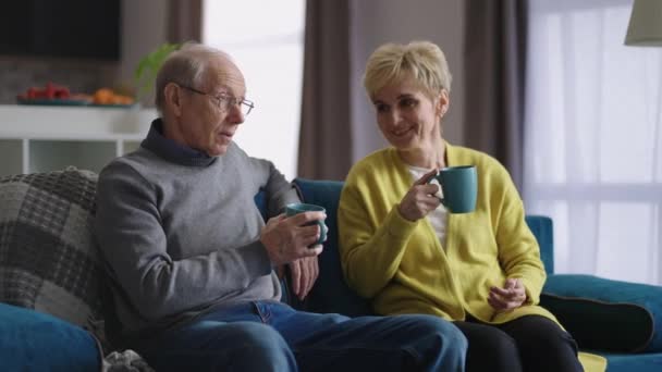 i coniugi anziani riposano a casa nel fine settimana, vecchio e donna bevono tè seduti sul divano in soggiorno - Filmati, video