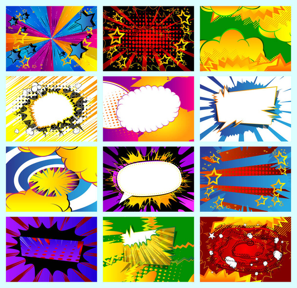 Collection of pop art comic background. Cartoon Vector Illustration with cloud, speech bubble, thunder, explosion and star. - Vector, Image