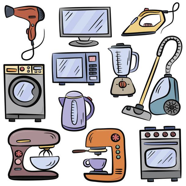 Vector set with hand drawn isolated colored doodles of home appliances on white color. - Vector, Image