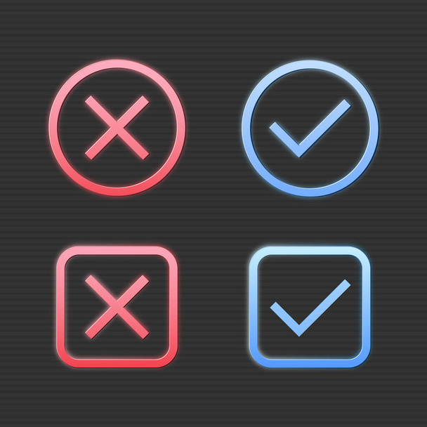 Set of red cross mark and blue check mark icon in round and square shape on black background. - Vektori, kuva