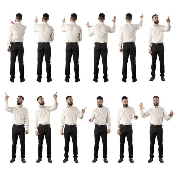Set of back and front view of business man doing various touch screen interaction gestures. Full body isolated on white background.  - Photo, Image