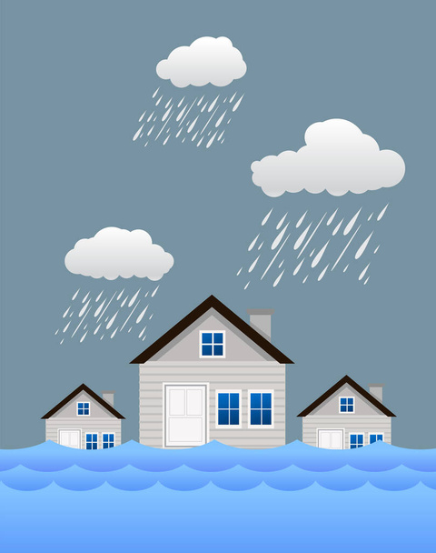 Πλημμύρα φυσική καταστροφή με το σπίτι, βαριά βροχή και καταιγίδα, ζημιές με το σπίτι, πλημμυρίζοντας το νερό στην πόλη - Διάνυσμα, εικόνα
