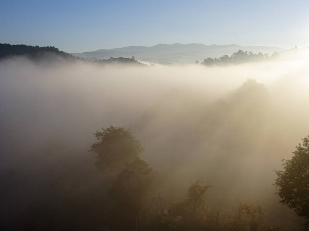 Montaña al amanecer con nubes, niebla rayos de luz y árboles. Parque Nacional Peneda Geres al amanecer. - Foto, imagen