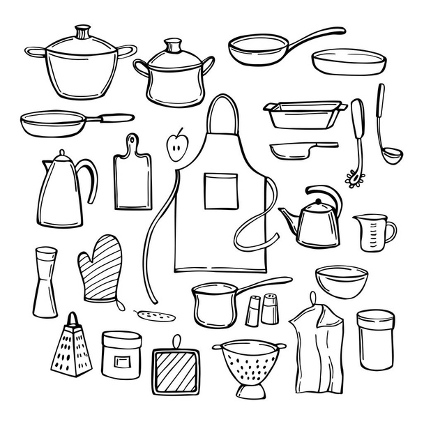 Hand drawn kitchenware. Vector sketch  illustration. - Вектор,изображение