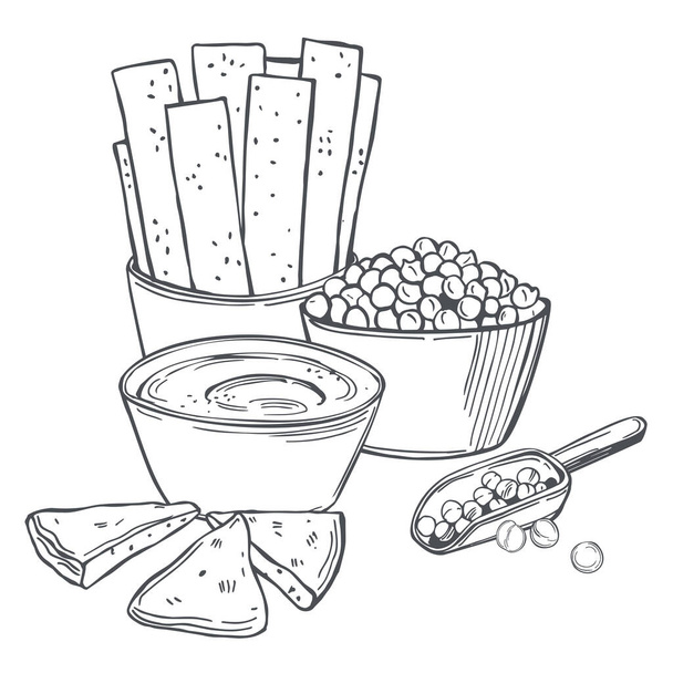 Handgetekende hummus koken en ingrediënten voor hummus. Midden-Oosterse keuken. Mediterraans eten. Vector schets illustratie.Vector naadloos patroon. Vectorachtergrond. - Vector, afbeelding