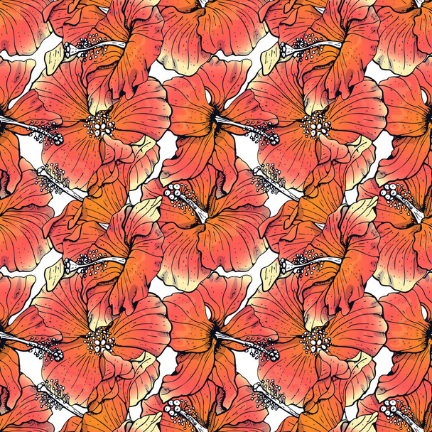 線画とシームレスなパターン赤ハイビスカスの花、芽や葉、暗い輪郭で - ベクター画像