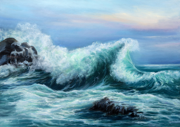 Originele olieverf van Ocean en kliffen op canvas.Modern Impressionisme - Foto, afbeelding