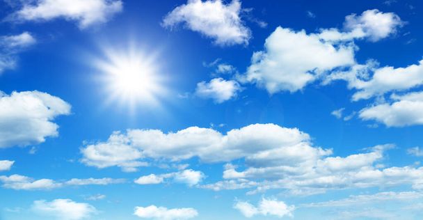 Sunny day background, blue sky with white cumulus clouds, natural summer or spring background with perfect hot day weather, vector illustration. - Photo, image