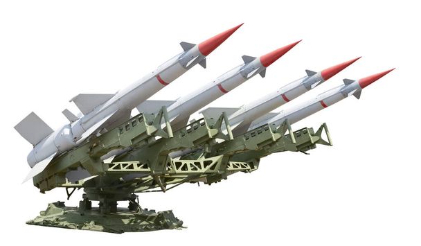 Missiles anti-aériens de défense aérienne sur le lanceur. Vue latérale. Isolé sur fond blanc  - Photo, image