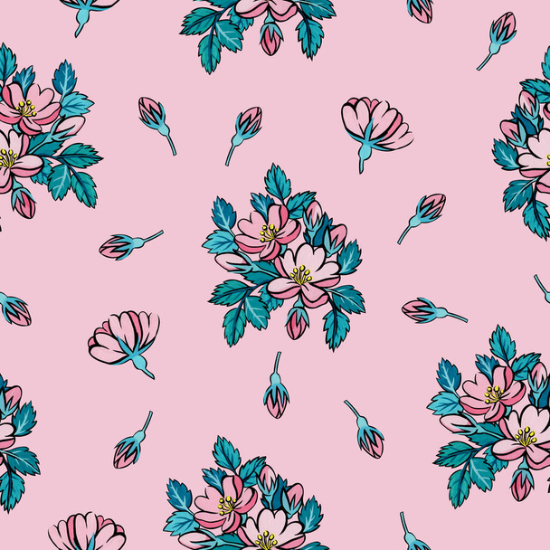 Seamless pattern with rosehip flowers painted in gouache. Pattern with flowers and leaves on a pink background. For wrapping paper, wallpaper, textiles, fabrics, postcards and more. - Foto, Bild