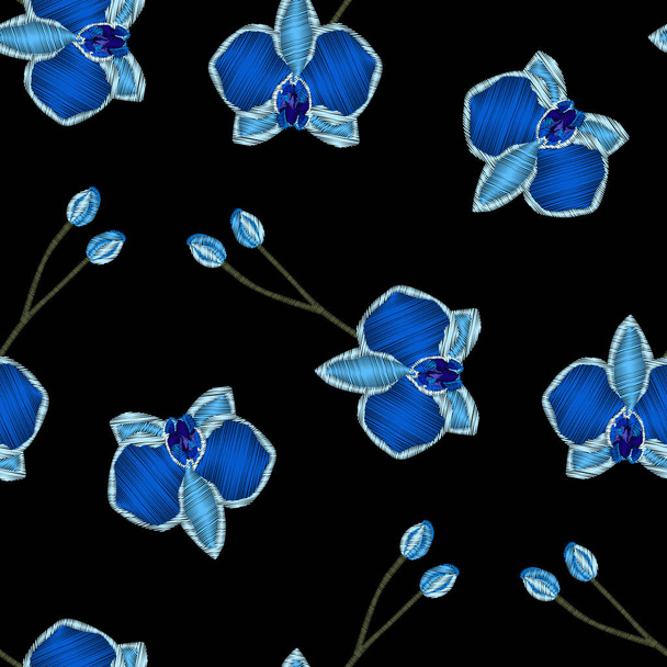 Vector seamless with blue orchid embroidery stitches imitation. Floral decorative element. Tropical Orchid. - Vector, Image